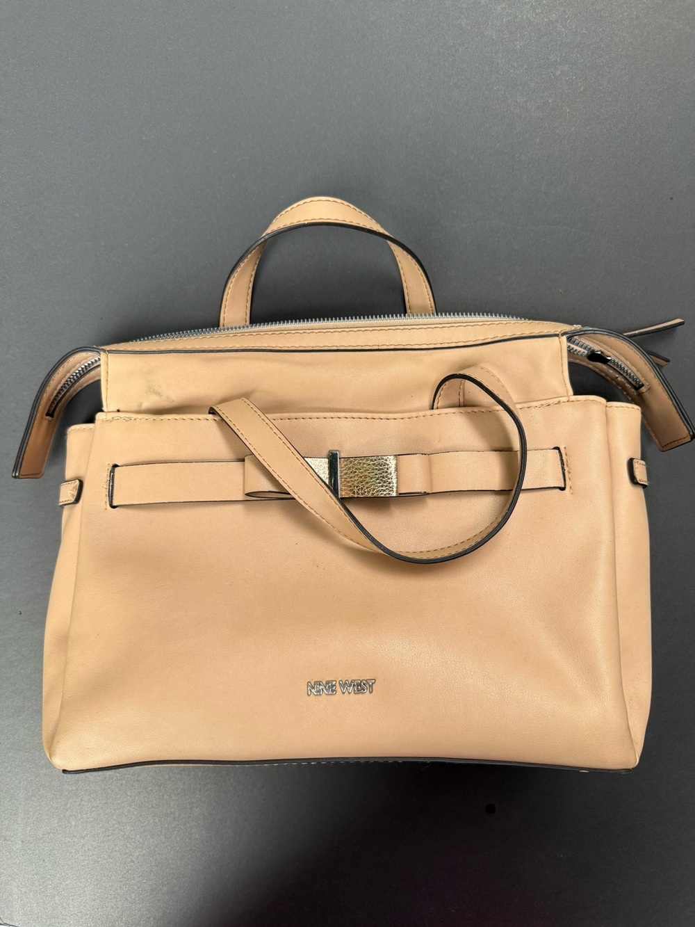 Nine West Beige Satchel with Gold Accent